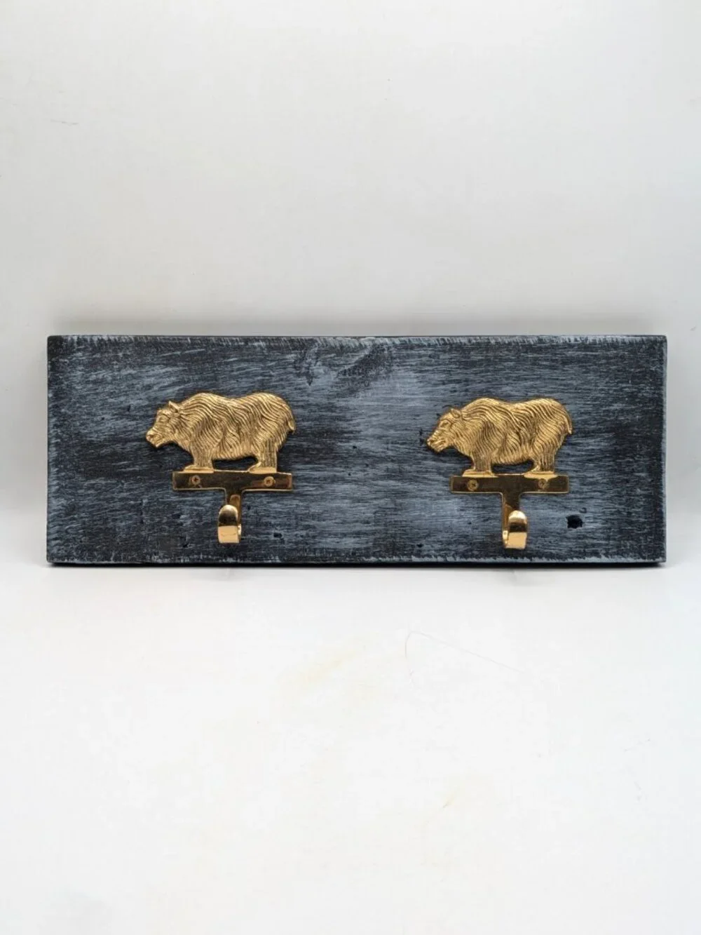 Hand Crafted Hat Key Coat Rack 2 Brass Bear Hooks Wall Mount `Blue 14.5